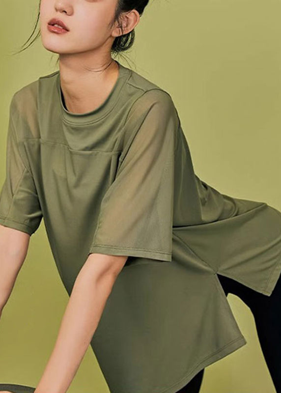 Army Green Patchwork Side Open Yoga Tops Summer