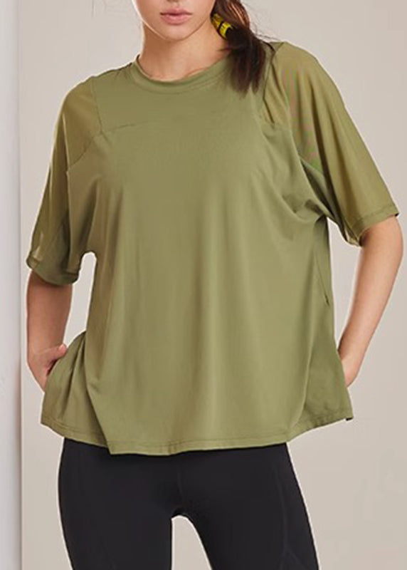 Army Green Patchwork Side Open Yoga Tops Summer