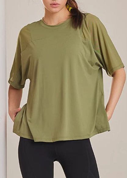 Army Green Patchwork Side Open Yoga Tops Summer