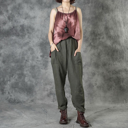 Armeegrüne Patchwork-Taschen Herbst Gerade Leinenhose