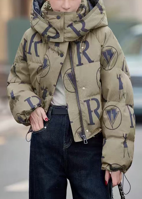 Abrigo de plumón de pato con estampado verde militar y capucha y cordón de invierno