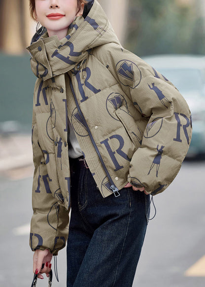 Abrigo de plumón de pato con estampado verde militar y capucha y cordón de invierno
