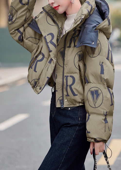 Abrigo de plumón de pato con estampado verde militar y capucha y cordón de invierno