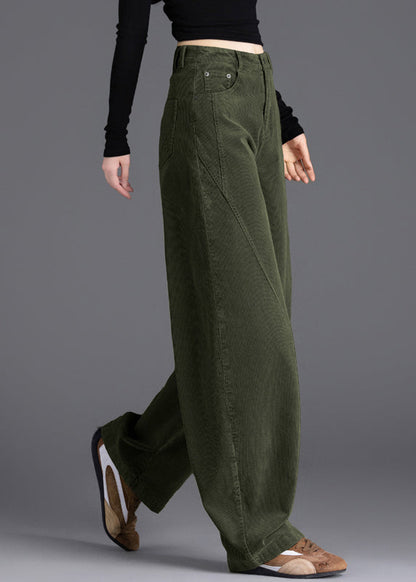 Army Green Warm Fleece Corduroy Pant Oversized High Waist Spring