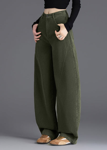 Army Green Warm Fleece Corduroy Pant Oversized High Waist Spring