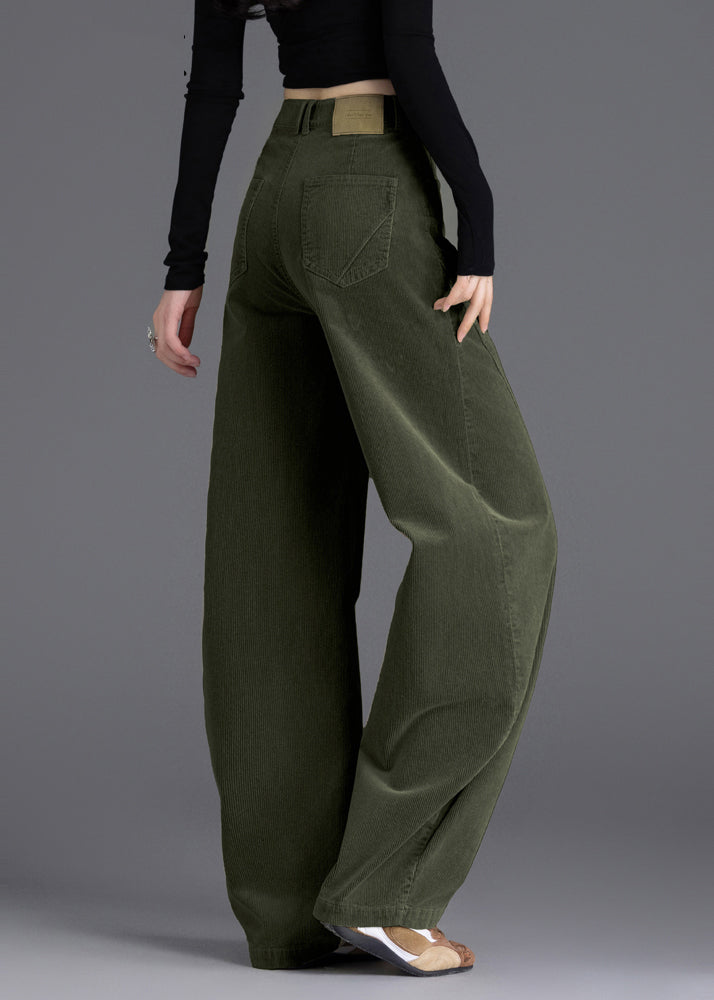 Army Green Warm Fleece Corduroy Pant Oversized High Waist Spring
