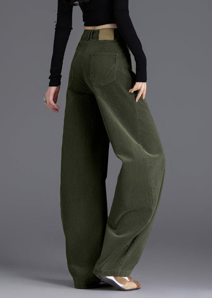 Army Green Warm Fleece Corduroy Pant Oversized High Waist Spring