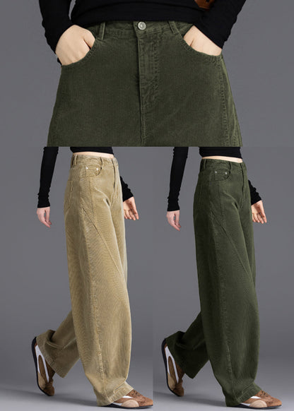Army Green Warm Fleece Corduroy Pant Oversized High Waist Spring