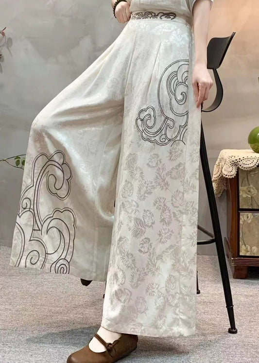 Aprikosenfarbene, bestickte Taschen, Jacquard-Seidenhose mit weitem Bein, Herbst