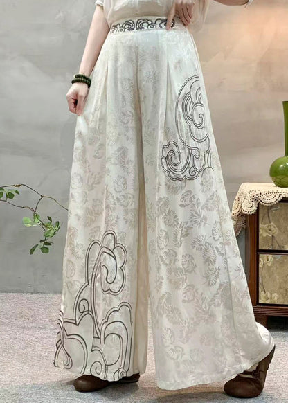 Art Apricot Embroidered Pockets Jacquard Silk Wide Leg Pants Fall