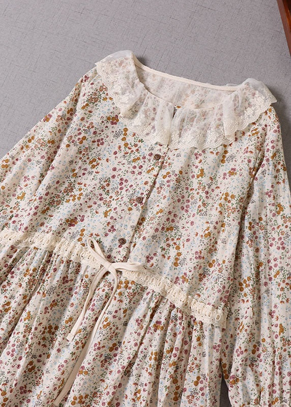 Art Apricot Peter Pan Kragen Print Kordelzug Kleider Frühling