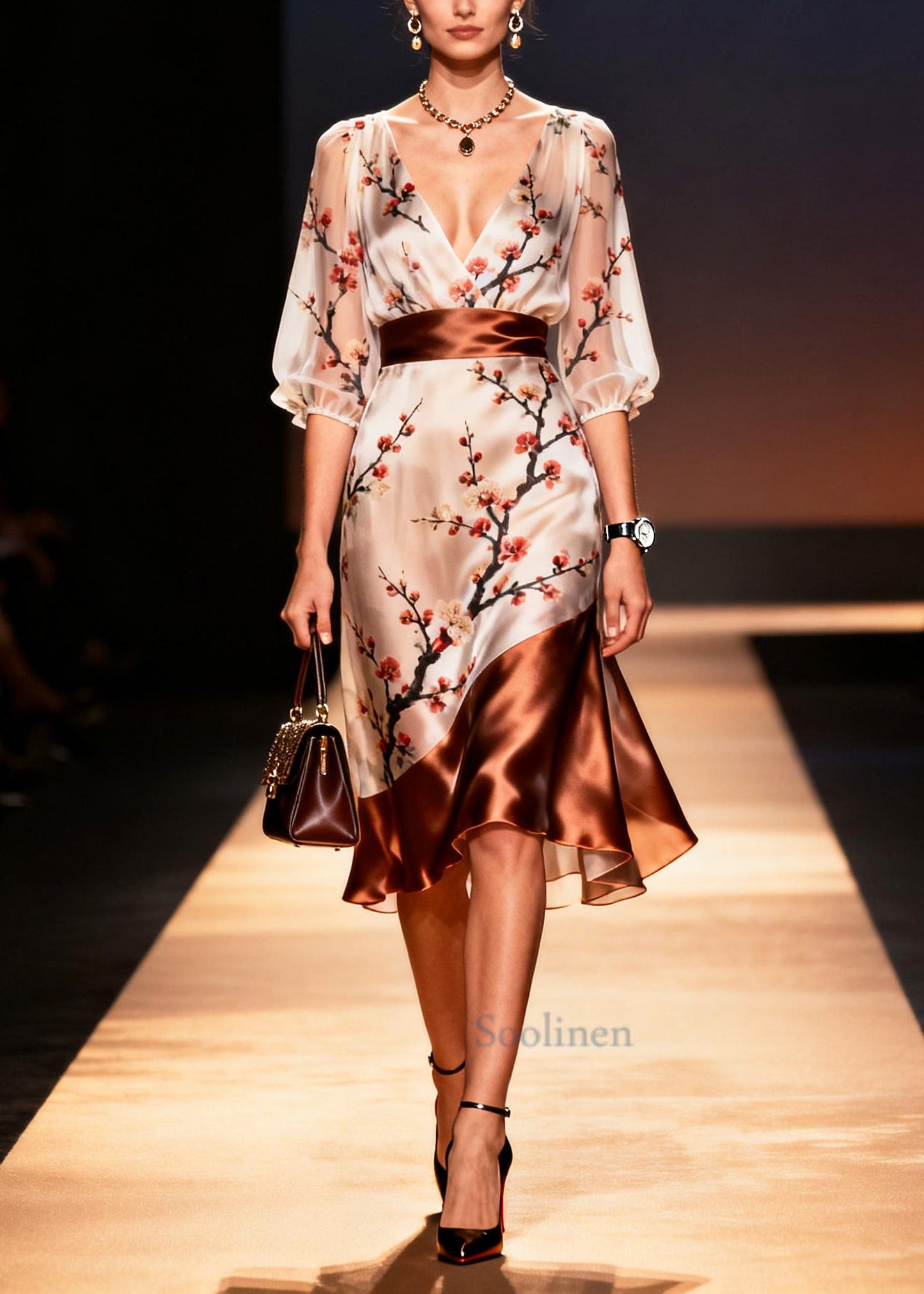Art Apricot V Neck Patchwork Print Silk Dress Summer