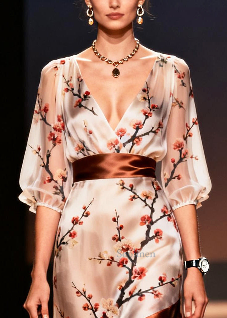 Art Apricot V Neck Patchwork Print Silk Dress Summer