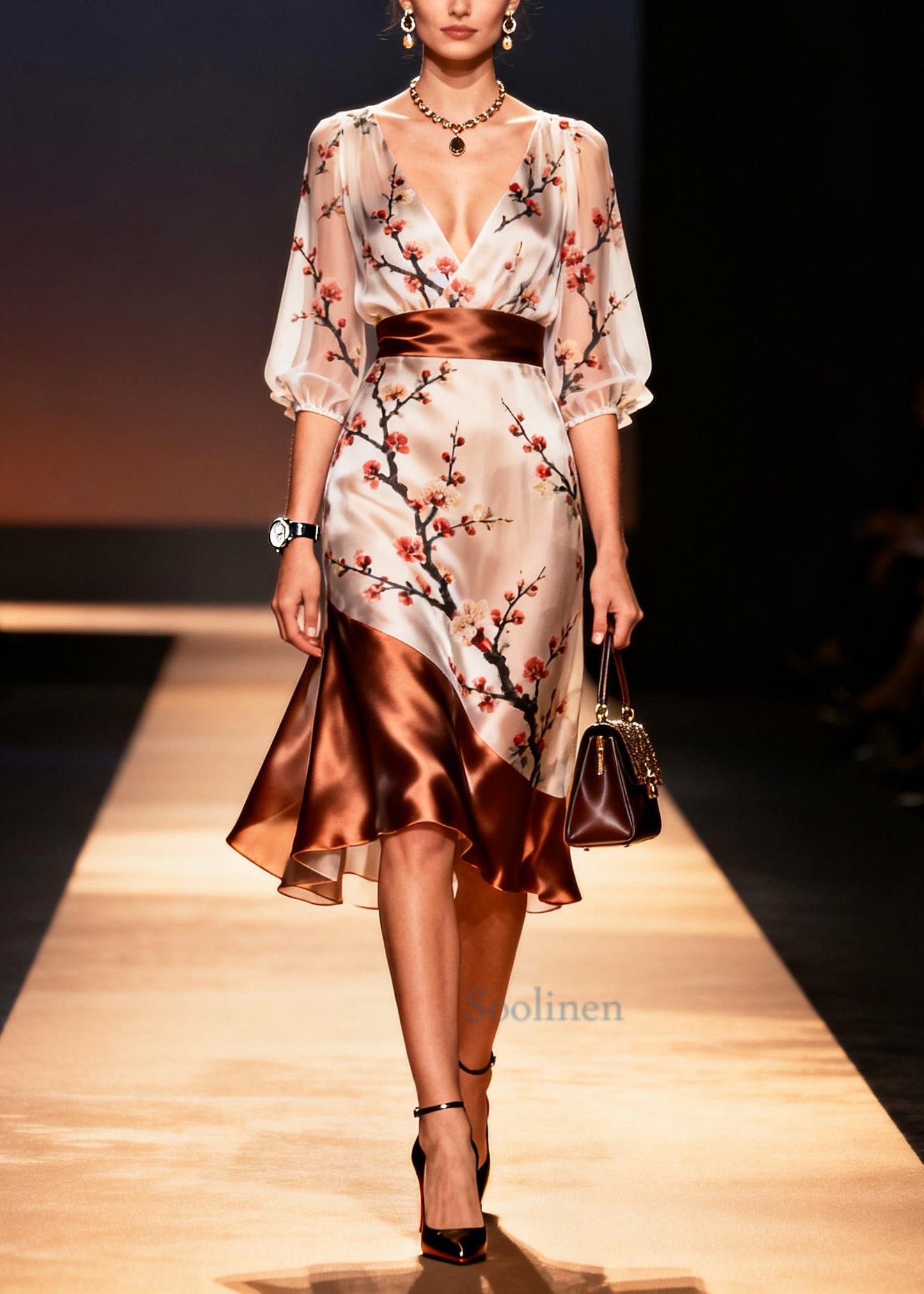 Art Apricot V Neck Patchwork Print Silk Dress Summer