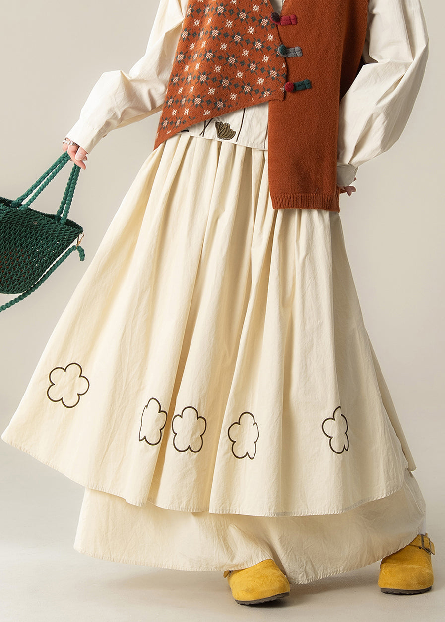 Falda de algodón con dobladillo grande extra grande y bordado floral beige Art Primavera