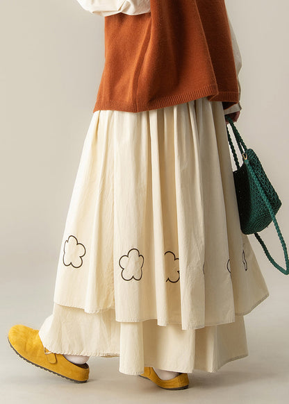 Falda de algodón con dobladillo grande extra grande y bordado floral beige Art Primavera