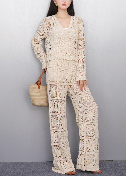 Art Beige Hollow Out Cardigan And Pants Knit Two Pieces Set Summer