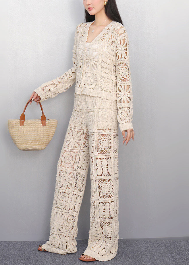 Art Beige Hollow Out Cardigan And Pants Knit Two Pieces Set Summer