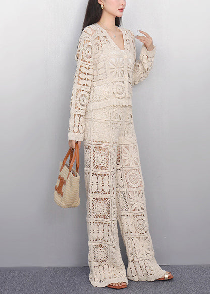 Art Beige Hollow Out Cardigan And Pants Knit Two Pieces Set Summer