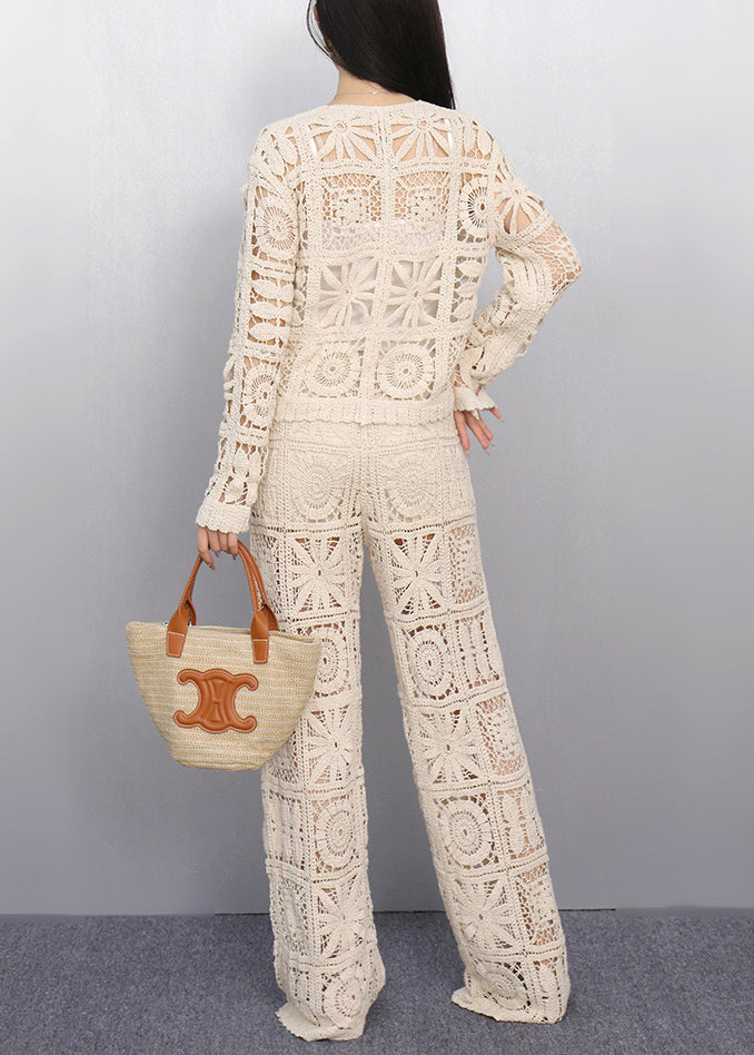 Art Beige Hollow Out Cardigan And Pants Knit Two Pieces Set Summer