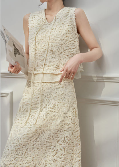 Art Beige Hollow Out Top And Maxi Skirts Two Pieces Set Sleeveless