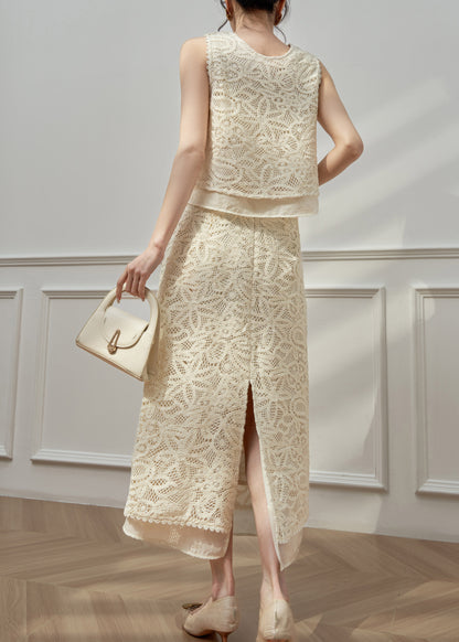 Art Beige Hollow Out Top And Maxi Skirts Two Pieces Set Sleeveless