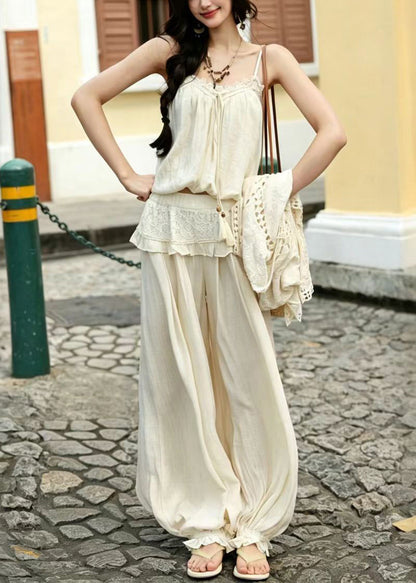 Art Beige Lace Up Ruffled Cotton Lantern Pants Two Pieces Set Summer
