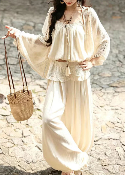 Art Beige Lace Up Ruffled Cotton Lantern Pants Two Pieces Set Summer