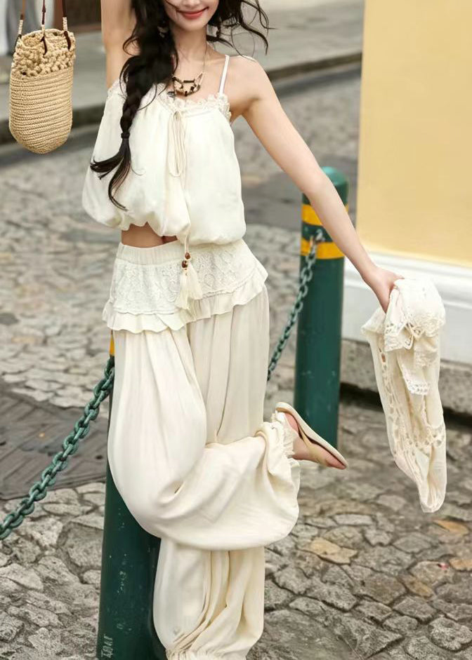 Art Beige Lace Up Ruffled Cotton Lantern Pants Two Pieces Set Summer