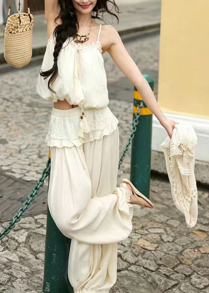 Art Beige Lace Up Ruffled Cotton Lantern Pants Two Pieces Set Summer