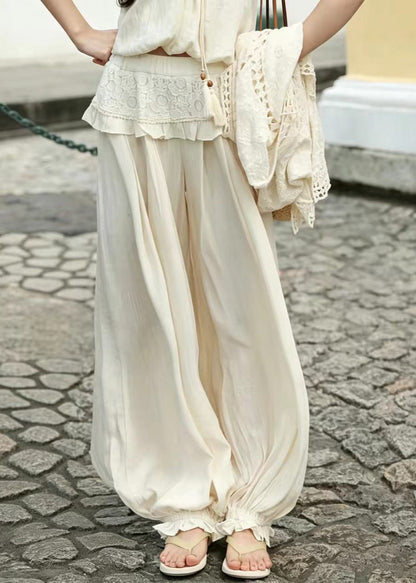 Art Beige Lace Up Ruffled Cotton Lantern Pants Two Pieces Set Summer
