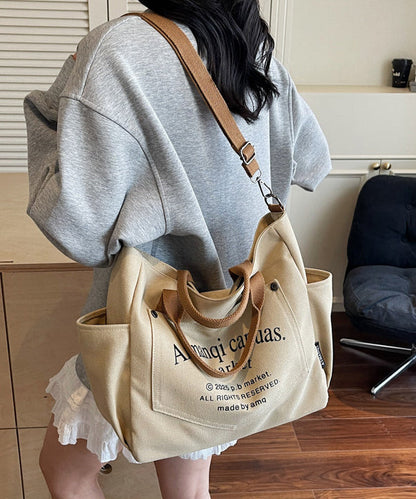 Art Beige Letter Print Pockets Solid Durable Canvas Tote Handbag
