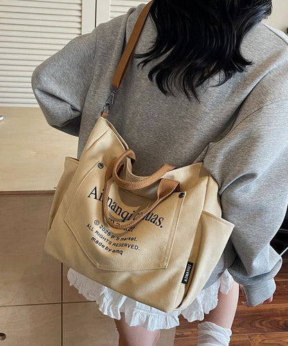 Art Beige Letter Print Pockets Solid Durable Canvas Tote Handbag