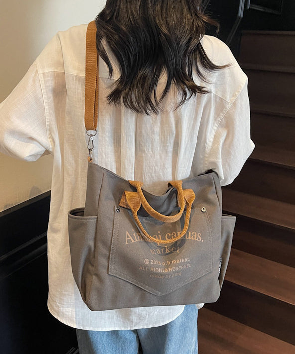 Art Beige Letter Print Pockets Solid Durable Canvas Tote Handbag