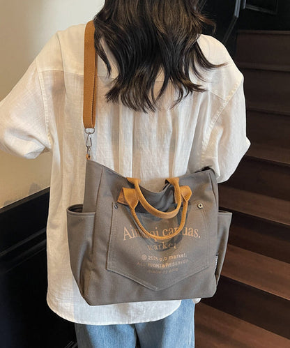 Art Beige Letter Print Pockets Solid Durable Canvas Tote Handbag