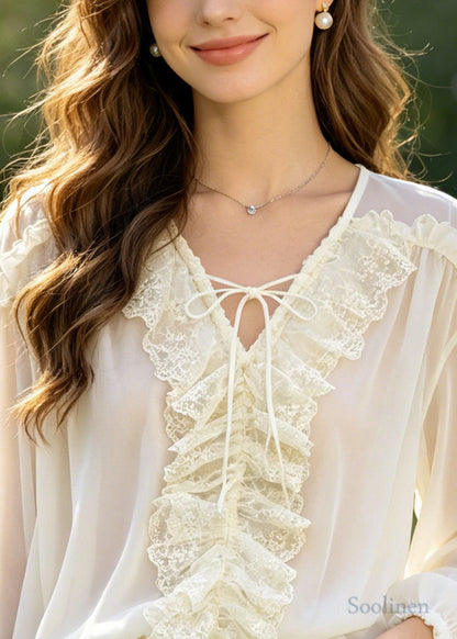 Art Beige Oversized Lace Patchwork Chiffon Shirt Top Summer