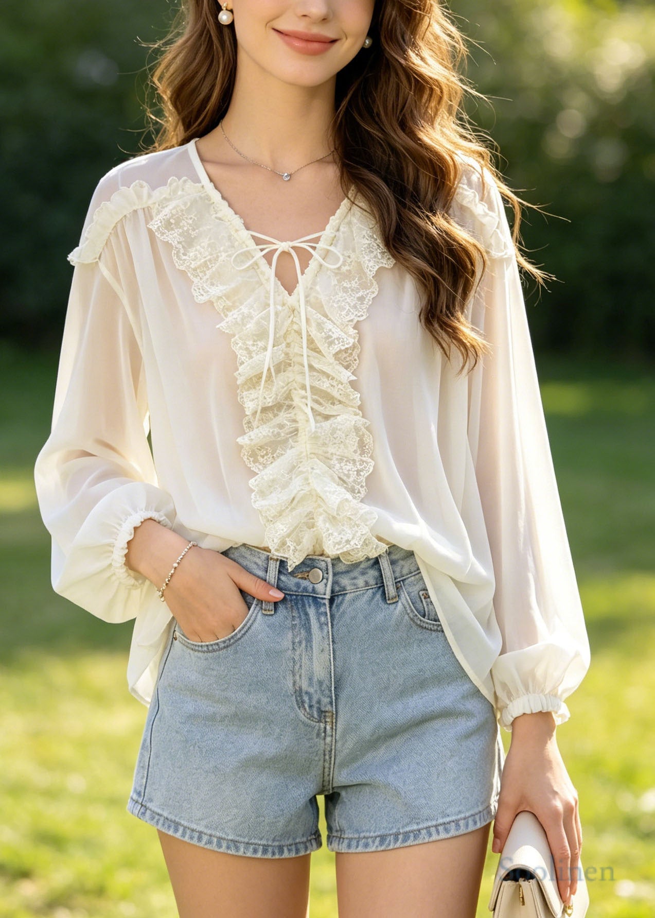 Art Beige Oversized Lace Patchwork Chiffon Shirt Top Summer