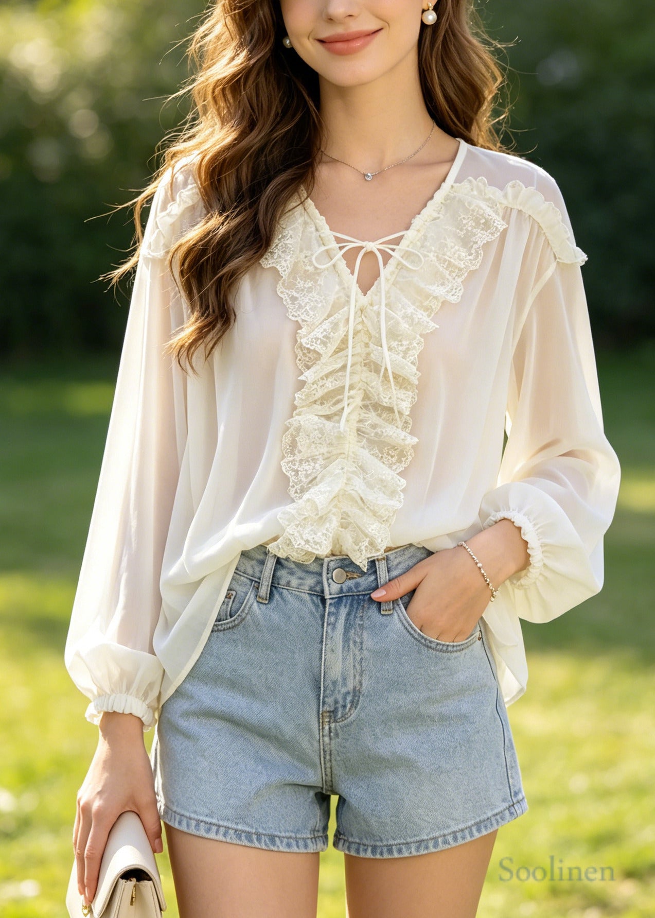 Art Beige Oversized Lace Patchwork Chiffon Shirt Top Summer