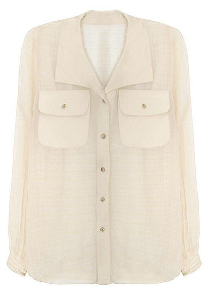 Art Beige Plaid Pockets Button Blouse Tops Summer - SooLinen