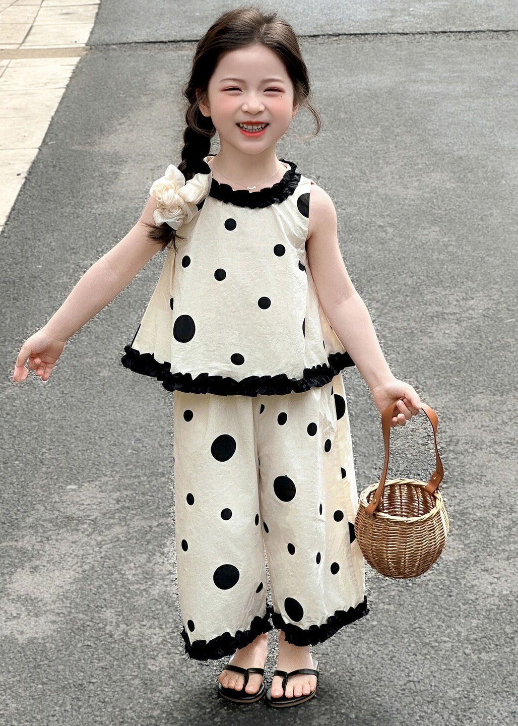 Art Beige Ruffled Print Cotton Kids Girls Two Piece Set Clothing Summer