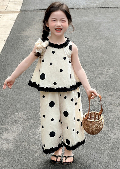 Art Beige Ruffled Print Cotton Kids Girls Two Piece Set Clothing Summer