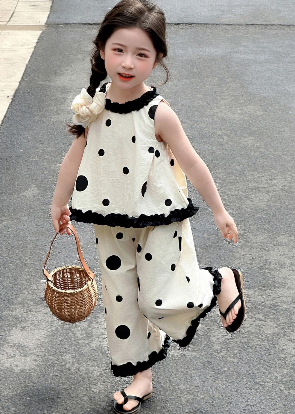 Art Beige Ruffled Print Cotton Kids Girls Two Piece Set Clothing Summer
