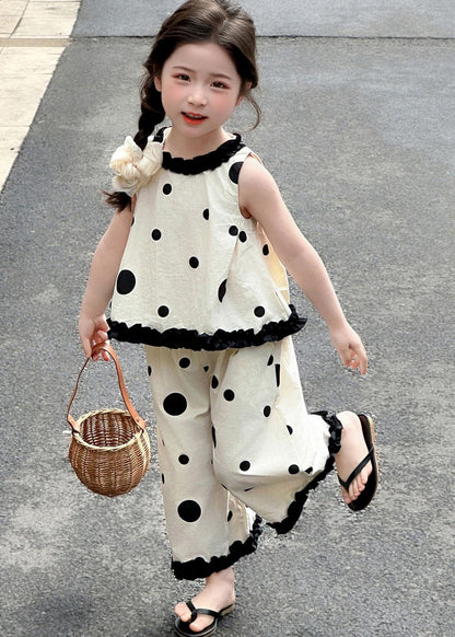Art Beige Ruffled Print Cotton Kids Girls Two Piece Set Clothing Summer