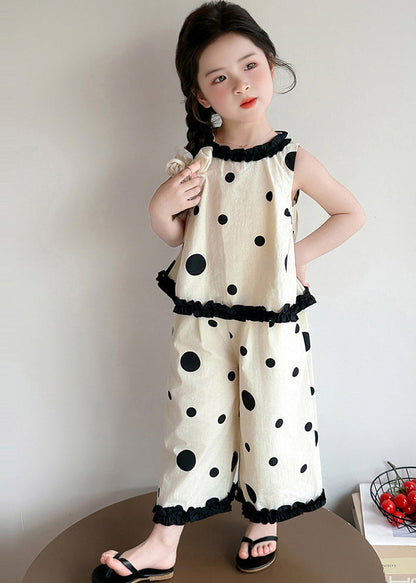 Art Beige Ruffled Print Cotton Kids Girls Two Piece Set Clothing Summer