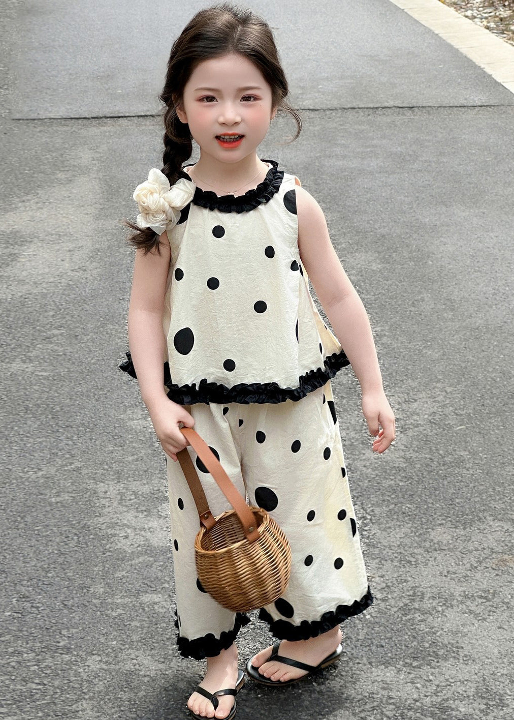 Art Beige Ruffled Print Cotton Kids Girls Two Piece Set Clothing Summer