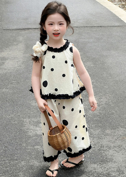 Art Beige Ruffled Print Cotton Kids Girls Two Piece Set Clothing Summer