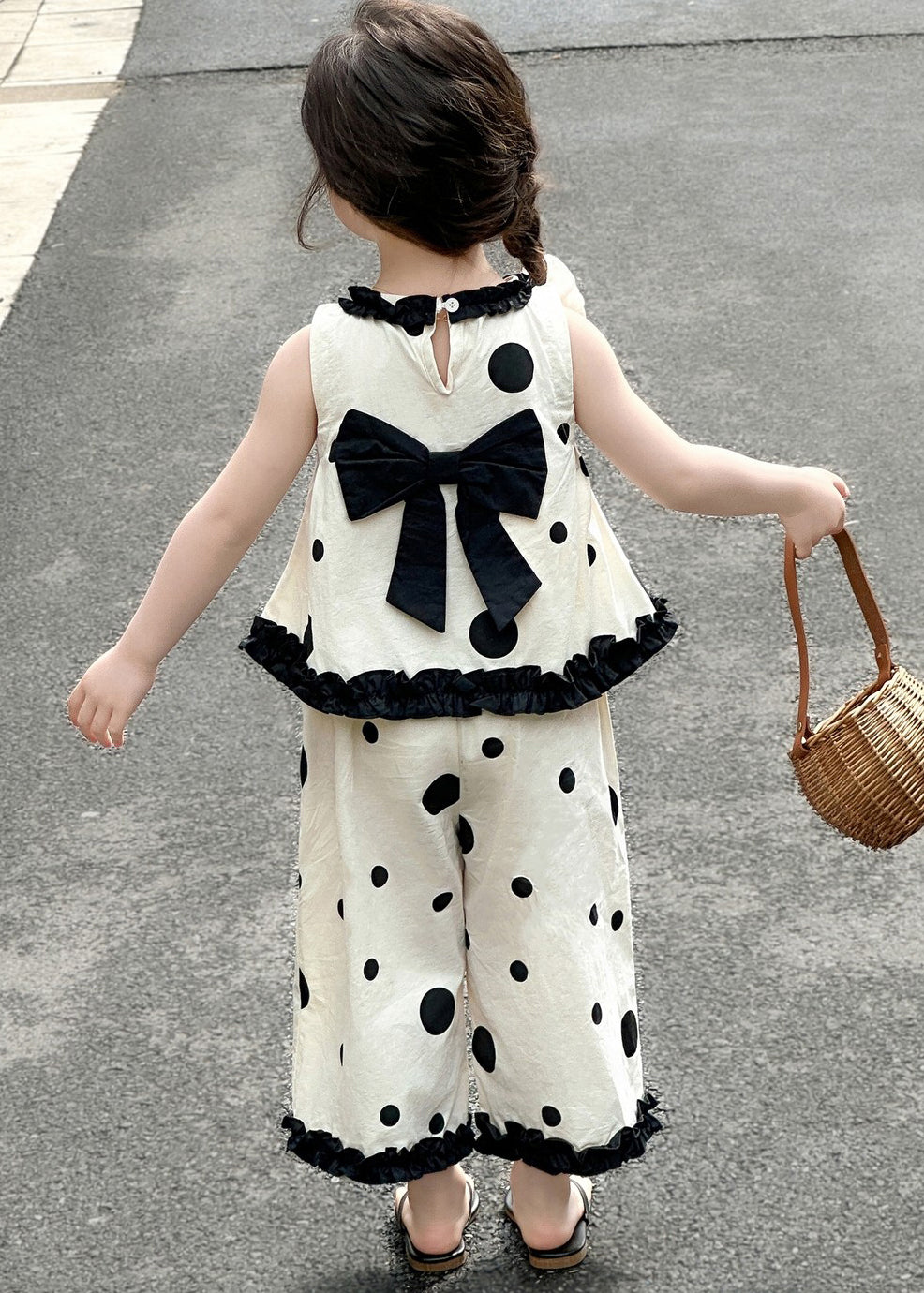 Art Beige Ruffled Print Cotton Kids Girls Two Piece Set Clothing Summer