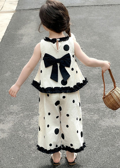Art Beige Ruffled Print Cotton Kids Girls Two Piece Set Clothing Summer