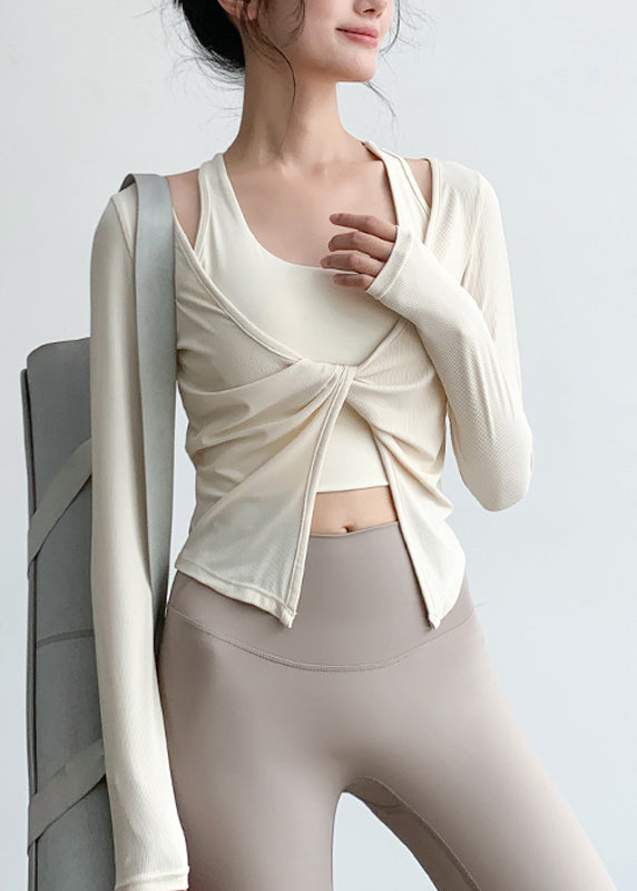 Art Beige V Neck Wrinkled Yoga Tops Spring