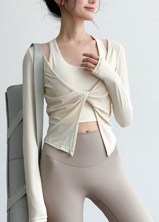 Art Beige V Neck Wrinkled Yoga Tops Spring